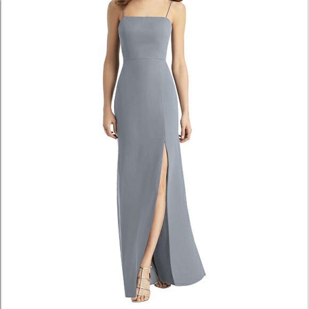 Dessy Group Platinum Tie-Back Cutout Trumpet Bridesmaids Dress with front slit